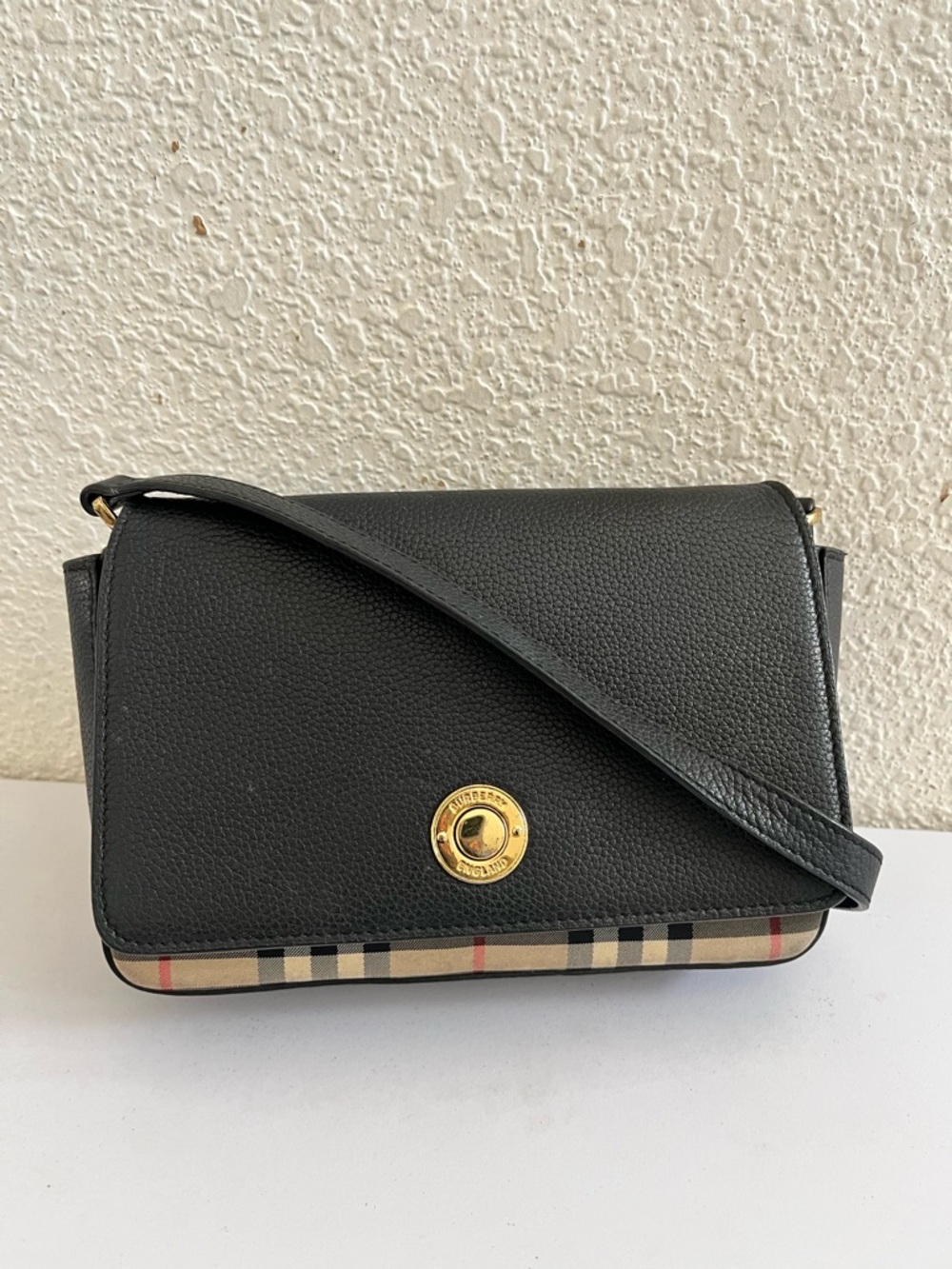 Black Crossbody Shoulder Bag with Check Accent